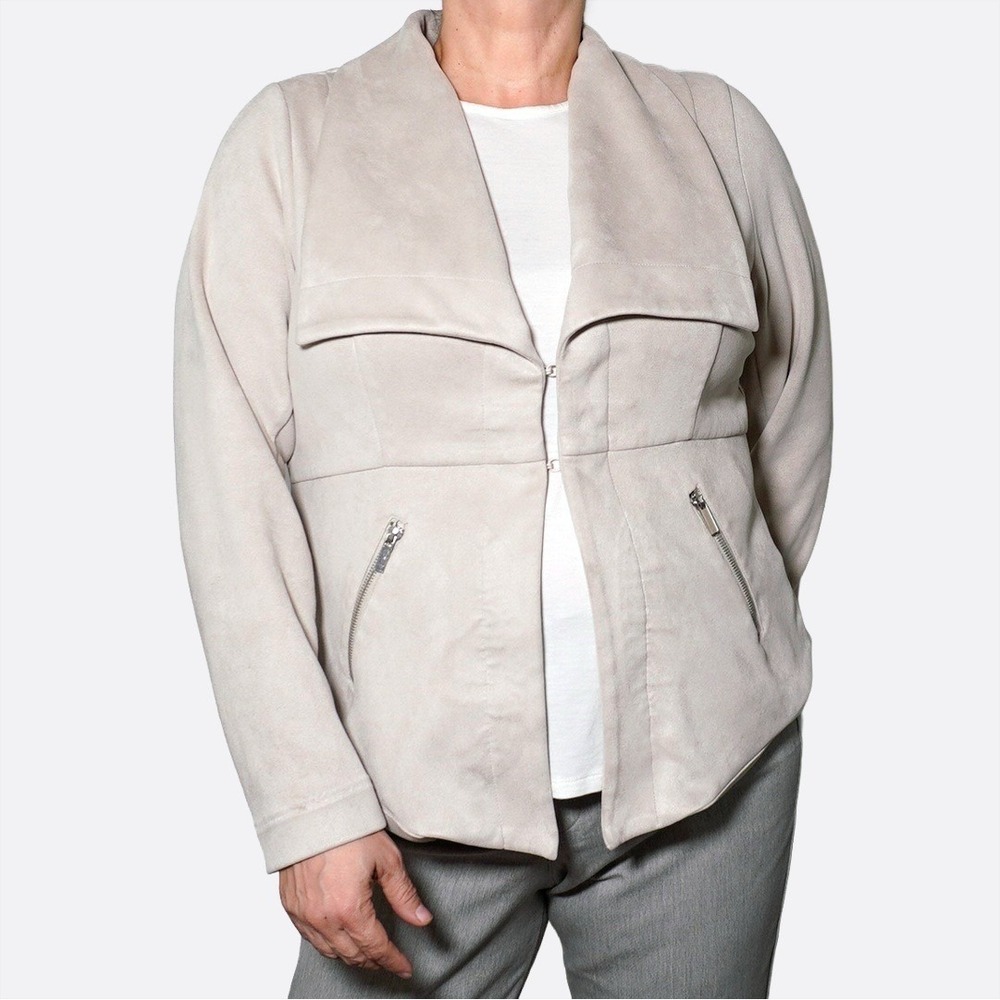 Torrid Faux Suede Drape Front Jacket  1X XL 14 16 Beige Zip Pockets Soft Stretch